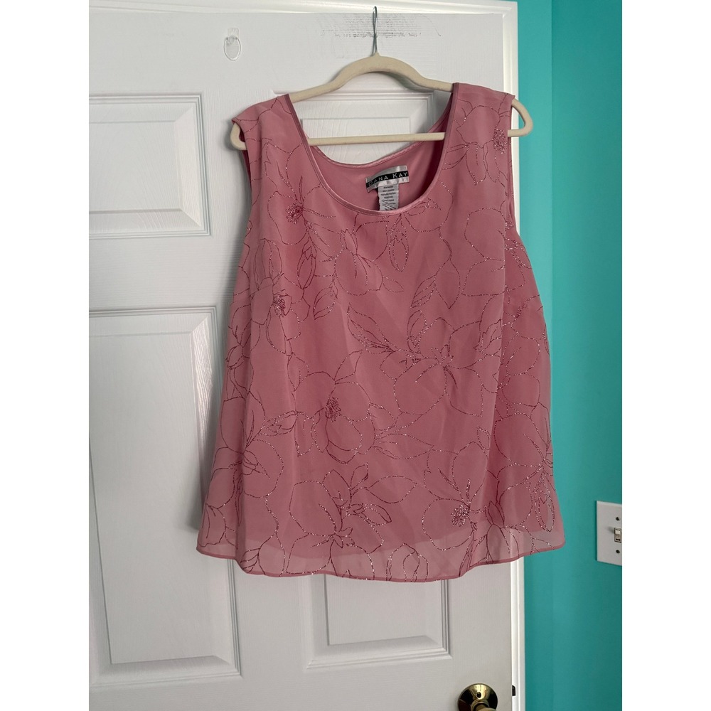 Dana Kay Pink Glitter Floral Chiffon Sleeveless Blouse Plus Size 22W Mauve Top